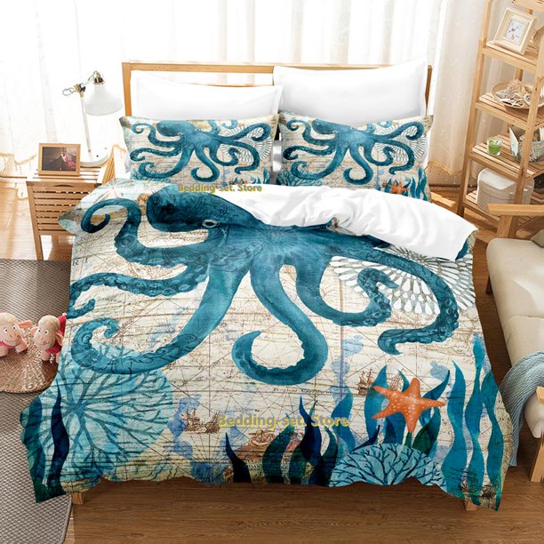 Cartoon Octopus Bedding Set Bed Set Adult Kid Bedroom Duvetcover Setsparure de lit Bed