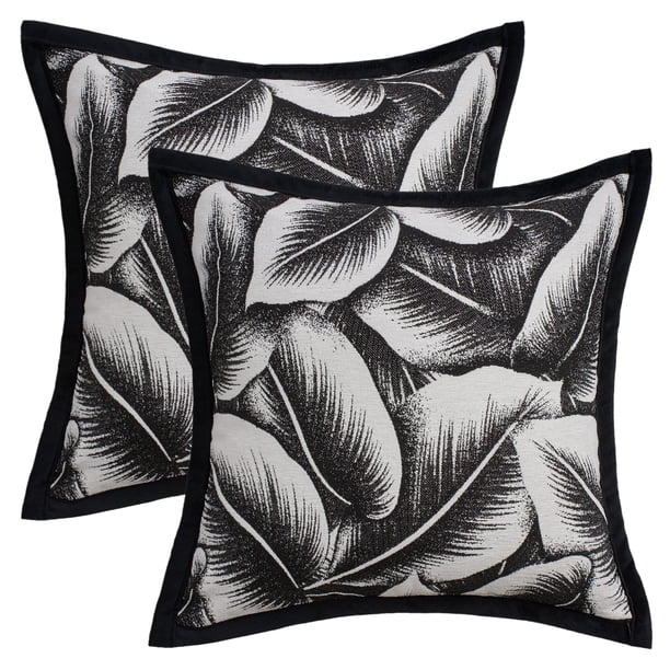 REGALWOVEN Paquete de 2 fundas de cojín de chenilla con patrón de hojas decorativas para sofá, dormitorio, sofá negro 18" x 18"