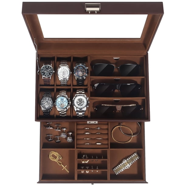 Organizador de Caja de Relojes y Joyas Kukikan de 6 Compartimentos y 2 Niveles con Cerradura