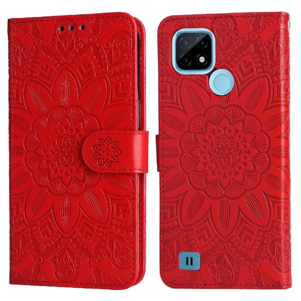 Funda tipo cartera FOXDOCK para Realme C25Y , diseño girasol en relieve, cuero PU, cierre magnético, soporte y tarjetero