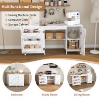 M&Ms - 57.5"" Foldable Sewing Machine Table With Locking Casters, Multi-Storage Craft Station With Shelves, Bins & Cabinet, Adjustable Sewing Cabinet For Home, Bedroom, And Craft Room(White)