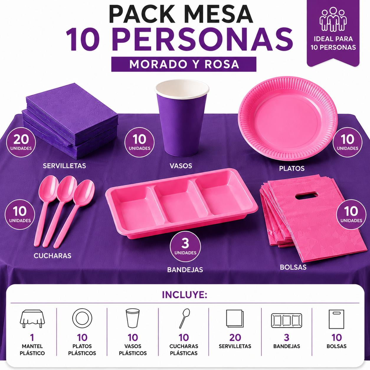 Genérico - Pack Cotillon Mesa 10 Personas Rosado Y Morado