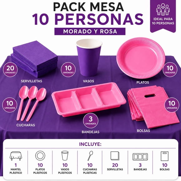 pack cotillon mesa 10 personas rosado y morado