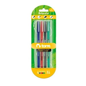 Pack X 4 Blister 4 Bolígrafos 1 Azul 1 Negro 1 Rojo 1 Verde – Torre