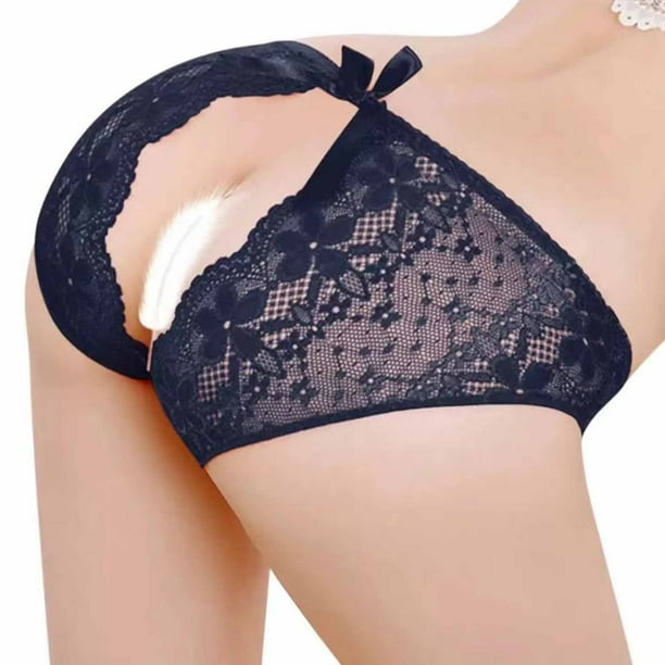 Sex Lace Open Crotch Erotic Bikini Panties, Sexy Bow Semi-sheer Medium Stretch Panties for Valentine's Day, Women's Sexy Lingerie & Underwear