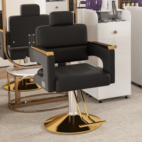 M&Ms - Professional Hydraulic Barber Chair - 360° Swivel With Adjustable Height, Stainless Steel Armrests & Reclining Backrest For Salon & Barber Shop(Black + Gold) (Single Pack)