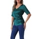 thumbnail image 4 of Blusa de satén INSPIRE CHIC para mujer con cuello en V, manga corta, fruncido y lazo en la espalda para oficina casual XS Azul Verde, 4 of 6