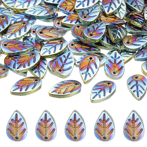 Cuentas de Hojas, 50 Piezas de Cuentas de Hojas de Cristal, Cuentas de Vidrio Checo Translúcidas para Hacer Joyas, Verde Chapado