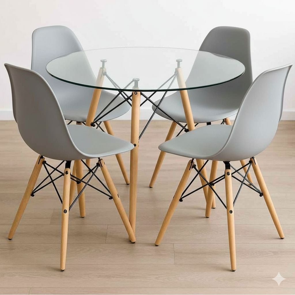 Nevi Express - Comedor Mesa Eames Vidrio 80 Cm + 4 Sillas Eames Gris