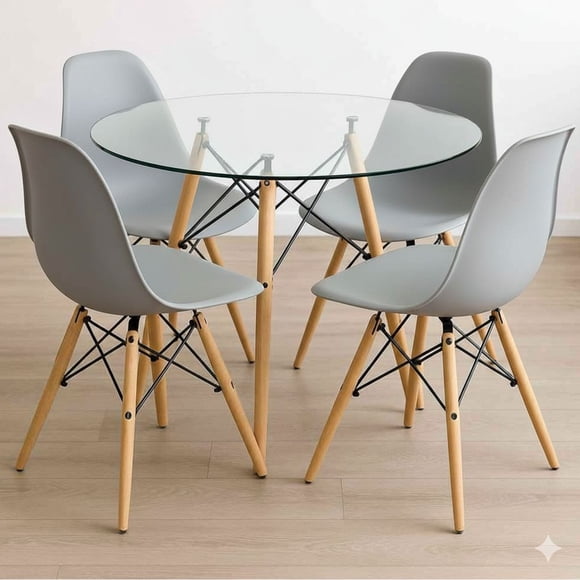 Comedor Mesa Eames Vidrio 80 cm + 4 Sillas Eames Gris