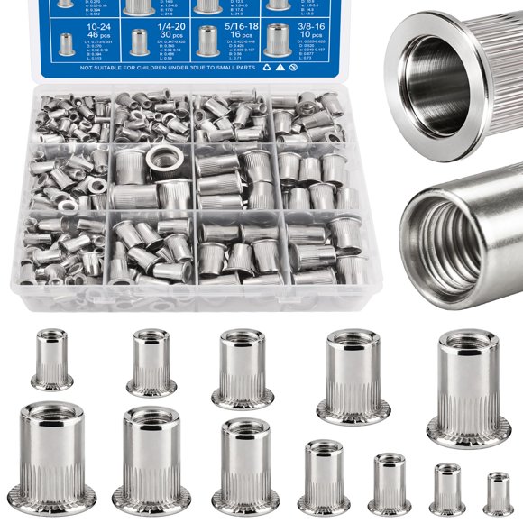 Kit de tuercas de remache DFDU 390 piezas, métricas y SAE, acero inoxidable
