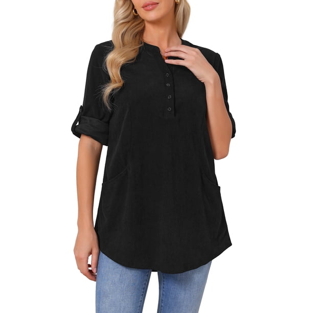 INSPIRE CHIC Camisas de pana casuales para mujer con botones, mangas enrollables, cuello en V, blusas sueltas elegantes, tops de otoño XL negro