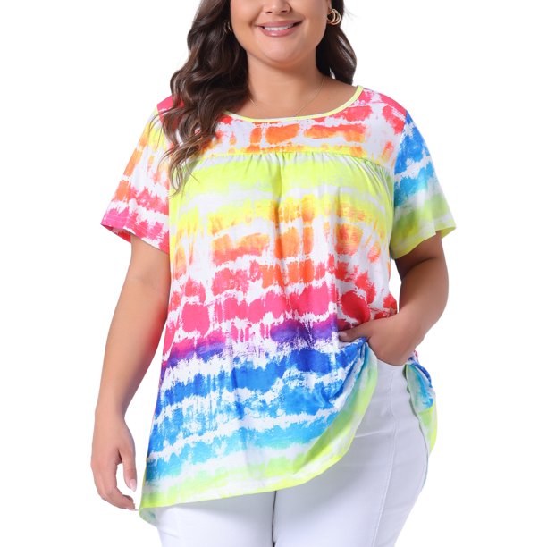 Agnes Orinda Tops de Talla Grande para Mujeres Escuela Universidad Tie Dye Manga Corta Casual Cuello Redondo Plisado Verano Camisetas Básicas 2X Arcoíris