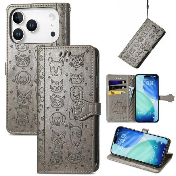 Funda Cartera FOXDOCK para iPhone 17 Pro Max , Flip PU con Relieve de Gatos y Perros, Tarjetero y Soporte