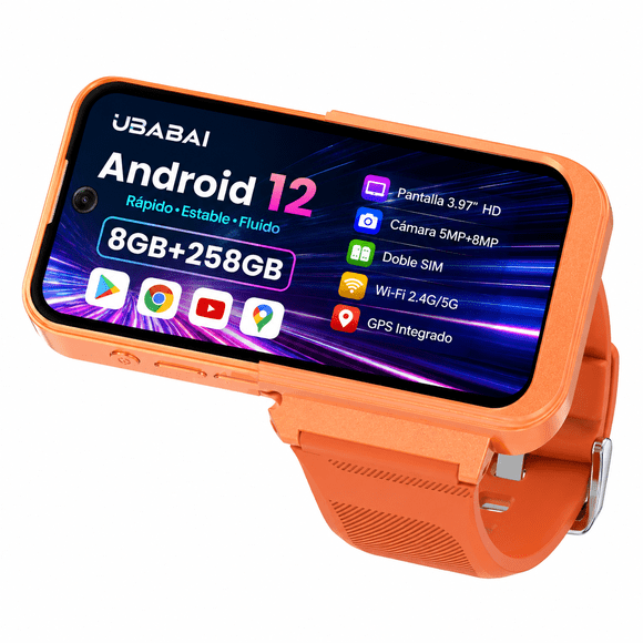 Smartwatch Teléfono UBABAI Android 12 4G LTE, 3.97" 8GB RAM + 256GB Dual SIM GPS Cámara Dual WiFi Naranja