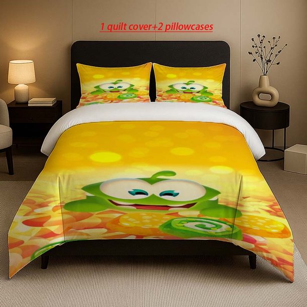 Green Little Monster Om Nom Enjoying Candy Scene Pattern Bedding Set Soft and Comfortable Suitable for All Seasons