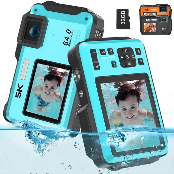 Cámara Sumergible 5K 64MP con WiFi y Doble Pantalla Zoom 16X - Celeste