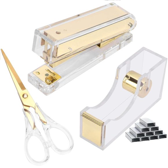 Kit de Grapadora y Dispensador de Cinta Acrílico Dorado Buqoo