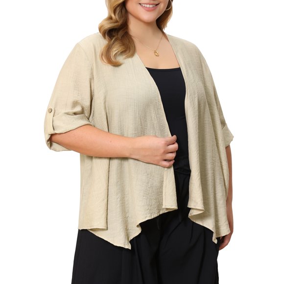 GRACE & GRANDEUR Cárdigan para mujer de talla grande estilo cascada con mangas 3/4, dobladillo irregular, ligero y abierto al frente, talla 2X en color albaricoque