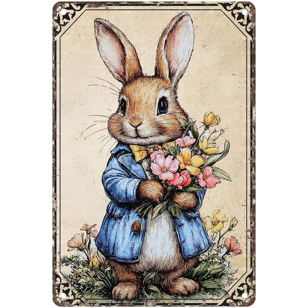 Letrero estaño conejo Pascua retro conejo vintage metal hogar jardín sala decoración pared Pascua 20x30cm