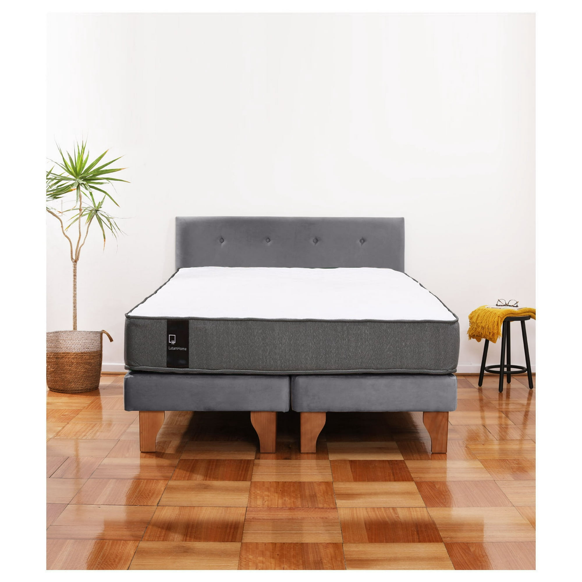 Latam Home - Cama Europea Zen Best 2 Plazas Colchon Resortes Base Dividida + Respaldo Tela Gris