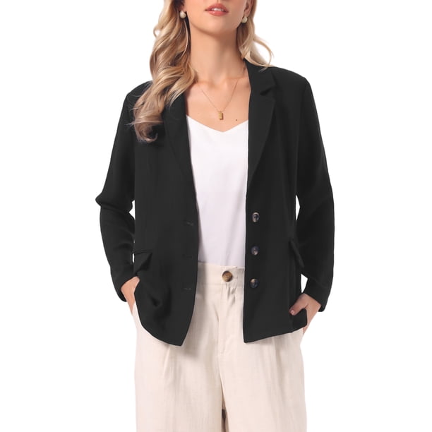 INSPIRE CHIC Blazer Casual para Mujer de Lino con Cuello con Solapa de Manga Larga Chaqueta Ligera de Negocios Casual Talla L Negro