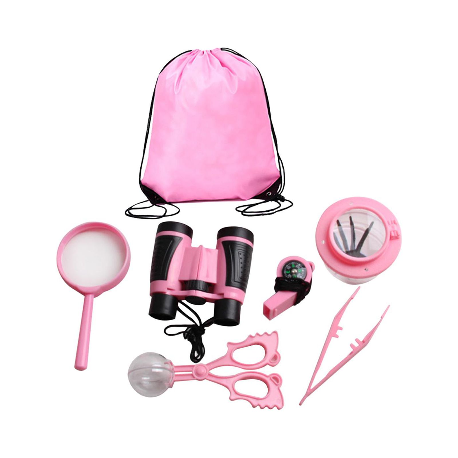Magideal - 7X Kits De Exploración Al Aire Libre Para Niños Mochila Juego De Juguetes Set Regalo De Cumpleaños Binoculares Lupa Para Patio Trasero Niños Equipo De Rosa