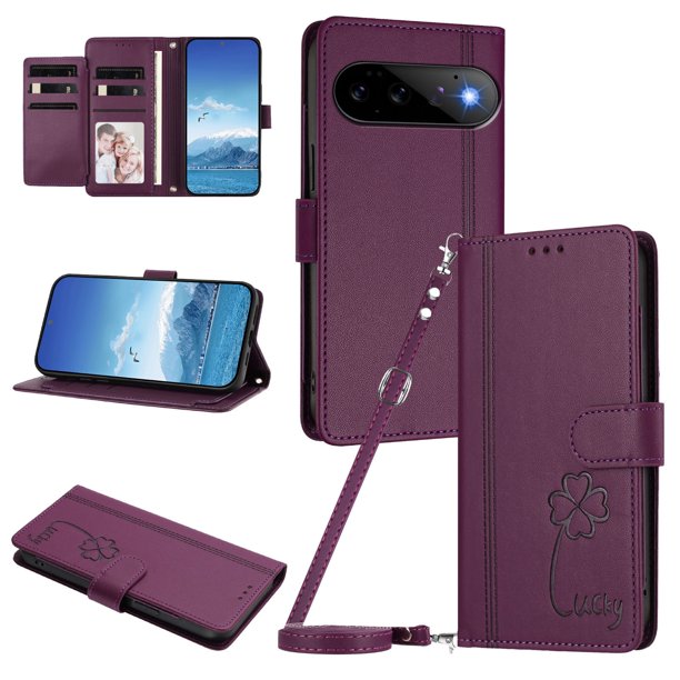 Funda Cartera Trébol para Google Pixel 11 Pro con Ranuras Tarjetas y Carga Inalámbrica Violeta
