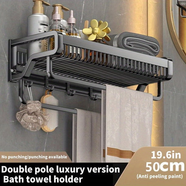 1pc Space Aluminum Bathroom Towel Rack, No Drilling Toilet Bathroom Storage Rack, Wall-mounted Bathroom Clothes Storage Rack, Bathroom Accessories
