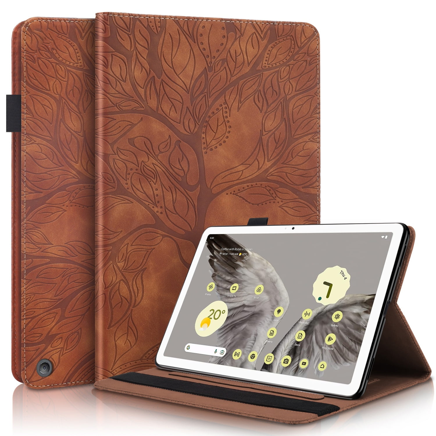 Foxdock - Funda Con Relieve Del Árbol De La Vida Para Tablet Google Pixel Tablet Con Soporte, Ranuras Para Tarjetas Y Soporte Para Lápiz Óptico. Marrón