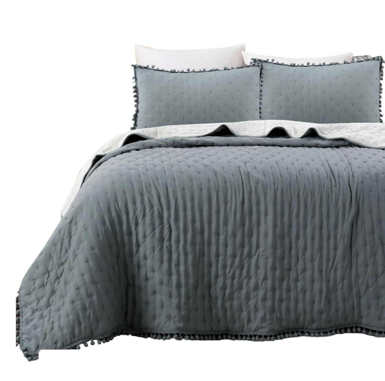 Todo Hogar Santiago De Chile - Cubrecama De Algodón Con Pompones 2 Plazas Gris