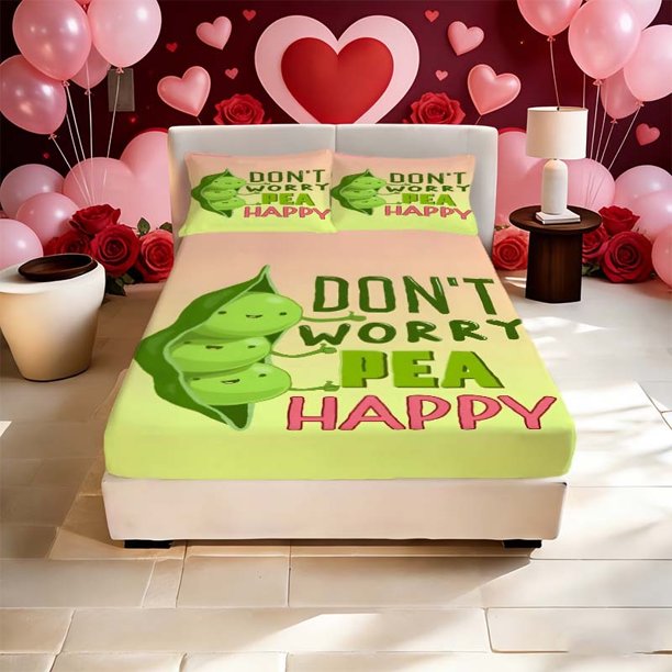 "Don't Worry Peas Are Happy" Printed Fitted Sheet Set Soft and Breathable Microfiber Deep Pocket with Non-Slip Grips to Stay in Place Suitable for All Seasons!