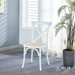 Klik Muebles - Comedor Mesa Redonda De Vidrio Cross 120Cm + 5 Silla Crossback Madera Rattan - Blanca