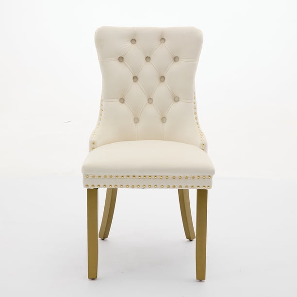 A&A Furniture, Nikki Collection Modern, High-end Tufted Solid Wood Contemporary Velvet Upholstered Dining Chair with golden Wood Legs Nailhead Trim 2-Pcs Set, Milky White,SW1401MW