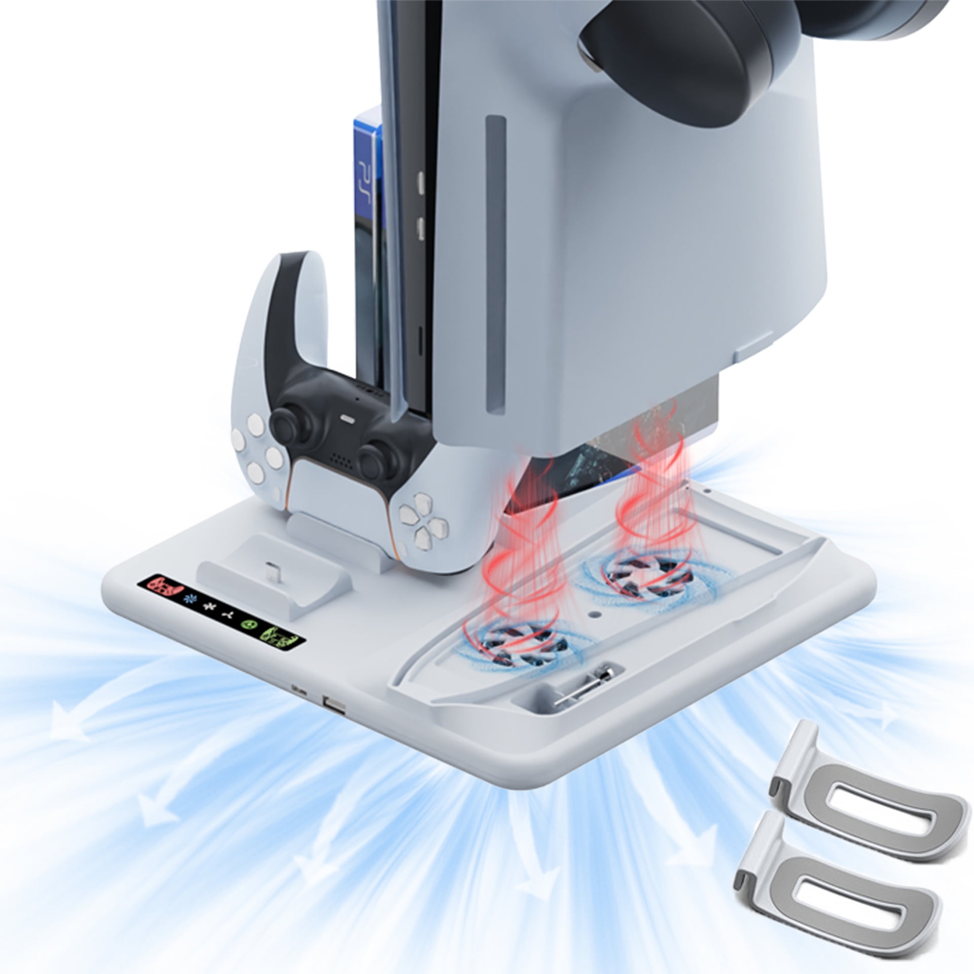 Genérico - Soporte De Base Enfriador Para Ps5 Slim Con Estación De Carga Para Duales Controles, Base Con Ventilador Potente De 3 Niveles Con 6 Ranuras Para Discos Y 2 Colgadores De Auriculares