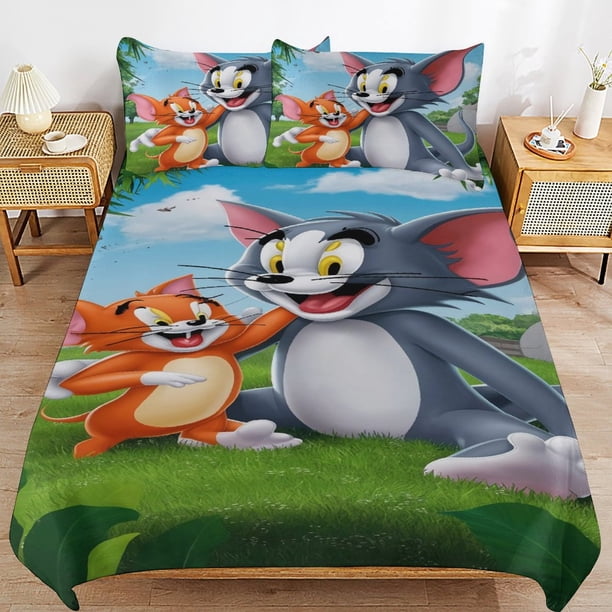 Tom And Jerry Cartoon Bedding Sets Ultra Soft Skin-Friendly Duvet Cover 3 Piece, Cute Comforter Cover Bed Set for Boys Girls Kids