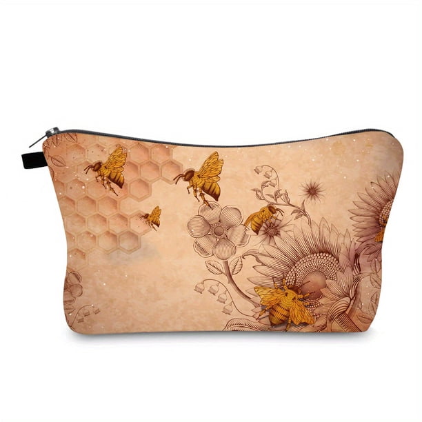 Sunflower & Bee Patterned Zippered Makeup Bag: Portable Cosmetic Organizer for Students, Girls & Adults!
