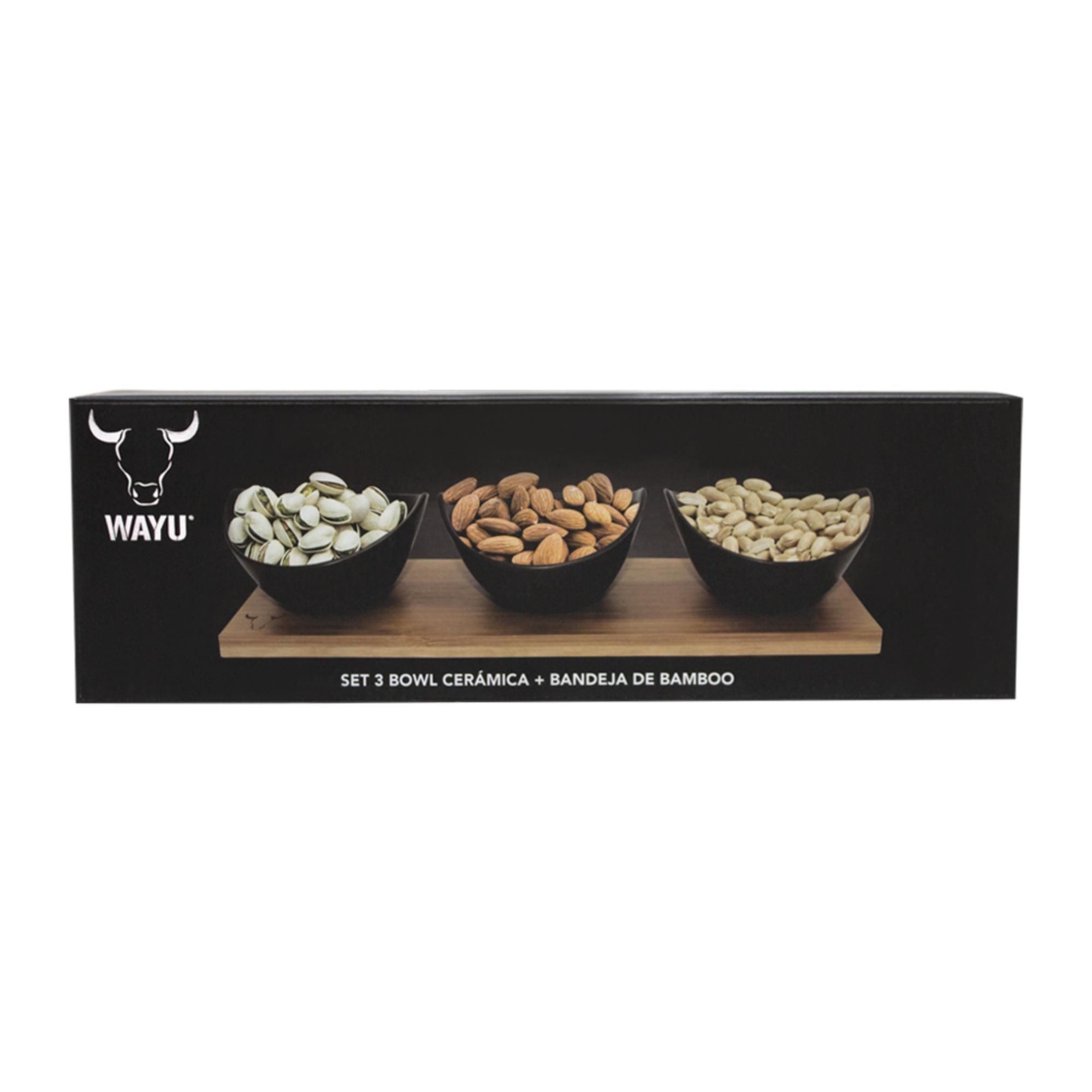 Wayu - Tabla Bambú + 3 Bowls De Aperitivo Cerámica 4 Piezas 22140205103 Negro