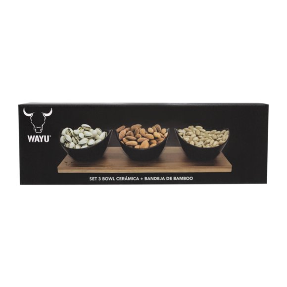 Tabla Bambú + 3 Bowls De Aperitivo Cerámica 4 Piezas 22140205103 Negro