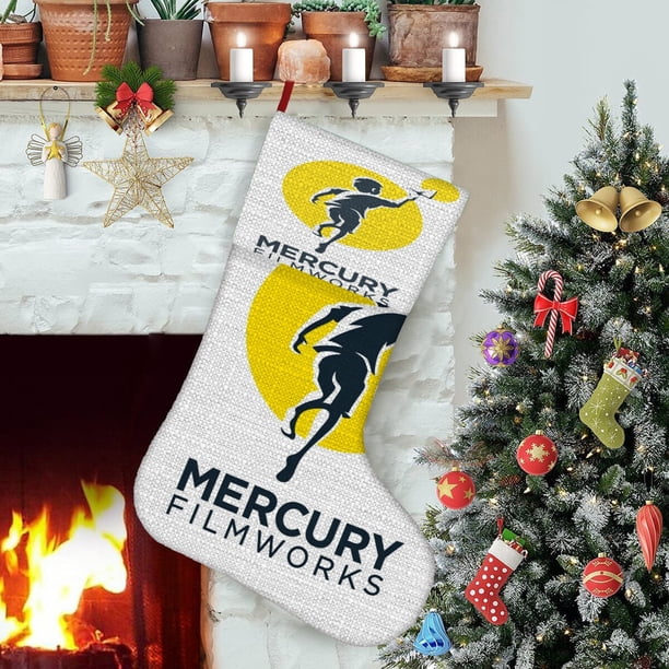 Mercury Filmworks Tema: Calcetines de Navidad, fino lino blanco para colgar en escaleras y chimenea, decoración navideña para el hogar, regalo de Navidad.54cm×38cm