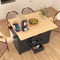 M&Ms - K&K 55.7'' Large Kitchen Island With 2 Drop Leaf,, Rolling Kitchen Cart On 5 Wheels With Power Outlet, Folding Storage Dining Table With Spice & Towel Rack , 3 Drawers, For Kitchen, Dining Room,Black