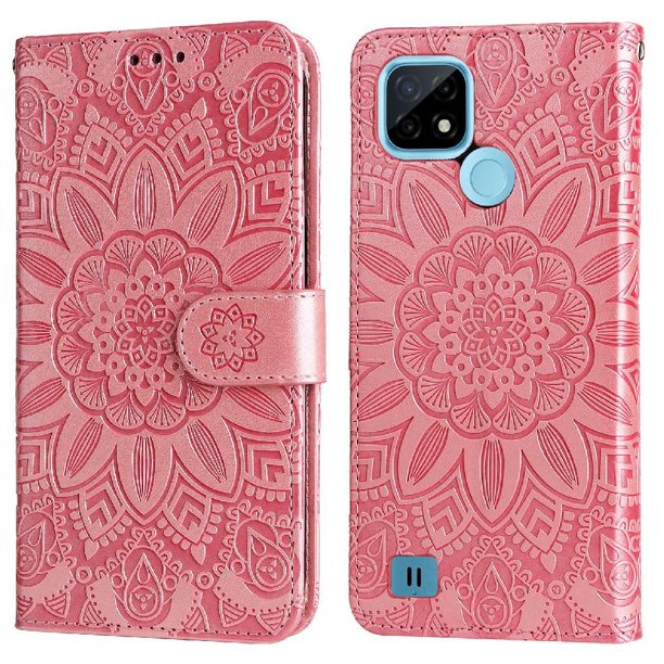 Funda tipo cartera FOXDOCK para Realme C25Y , diseño girasol en relieve, cuero PU, cierre magnético, soporte y tarjetero