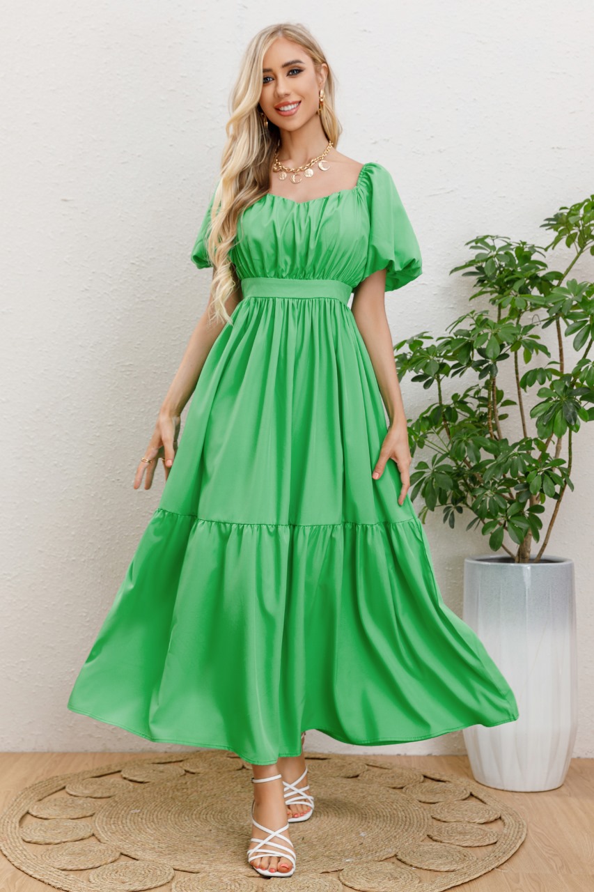 Likeshop - Vestido Largo Mujer Manga Globo Corta Cuello V 3345