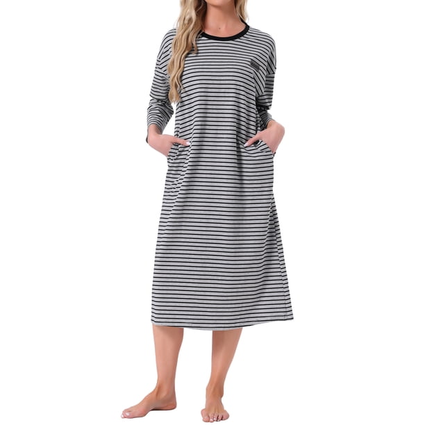 INSPIRE CHIC Camisón de Manga Larga de Algodón para Mujer Vestido de Dormir Midi a Rayas con Soporte de Sujetador Incorporado S Gris