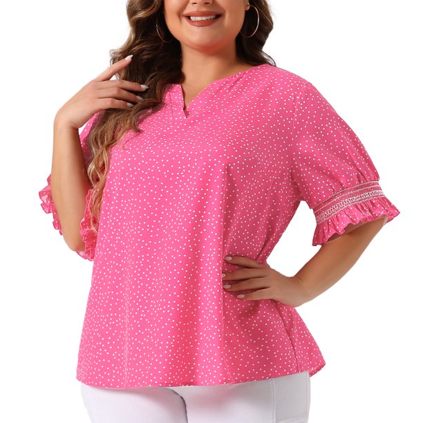 Agnes Orinda Blusas de Tallas Grandes para Mujer con Puntos, Cuello en V, Volantes, Manga Corta, Primavera Verano, Estilo Bohemio, Talla 2X, Rosa Fucsia