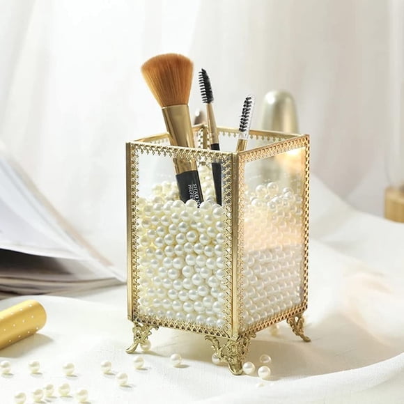 Soporte para brochas de maquillaje, organizador vintage de vidrio hecho a mano, dorado
