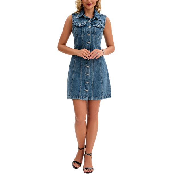 INSPIRE CHIC Vestido de Mezclilla sin Mangas para Mujer Regreso a Clases Abotonado Línea A Mini Vestido con Bolsillos Gris Azul XL