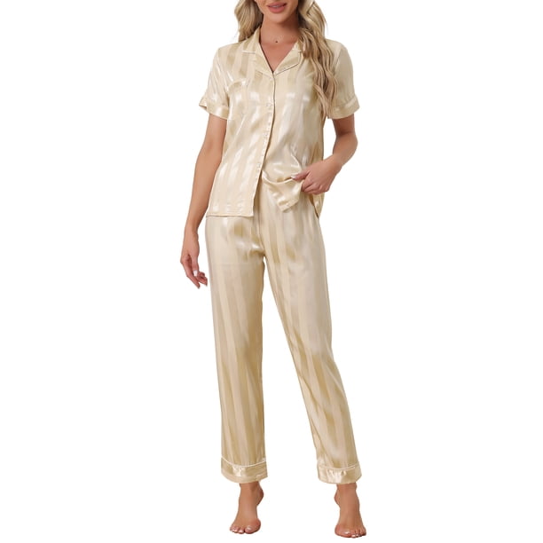 INSPIRE CHIC Conjunto de pijama de satén para mujer con botones, manga corta y pantalones largos, conjunto de ropa de dormir a rayas sólidas XS Champán