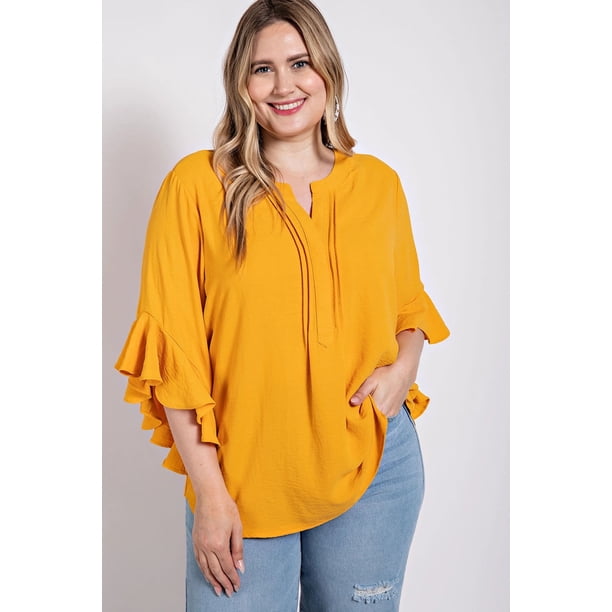 Saronite Camiseta con Mangas Acampanadas con Volantes, Detalle Plisado en la Parte Delantera y Mangas de Color Liso, Dorada (para Mujer)
