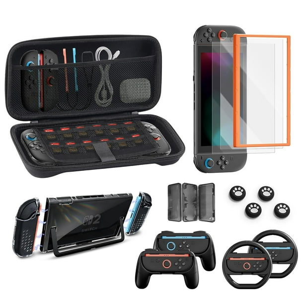 Kit de juegos 16 en 1 compatible con Switch 2 con funda de transporte, protectores de pantalla con marco de alineación, volantes, agarres para Joycons y carcasa protectora acoplable para la consola